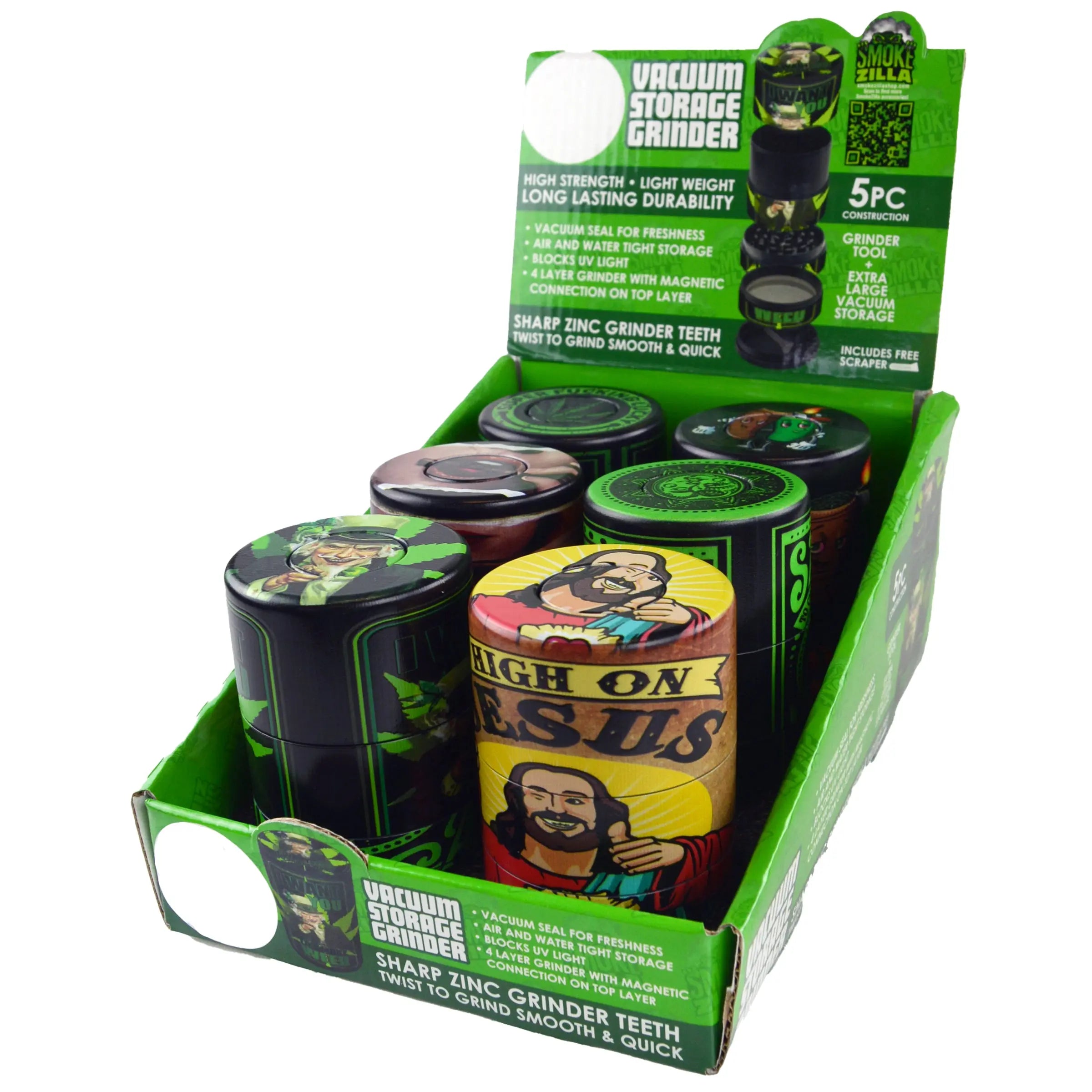 Plastic 5 Piece Grinder with Vacuum Sealed Container - 6 Pieces Per Retail Ready Display 30029 SPICY ZILLA