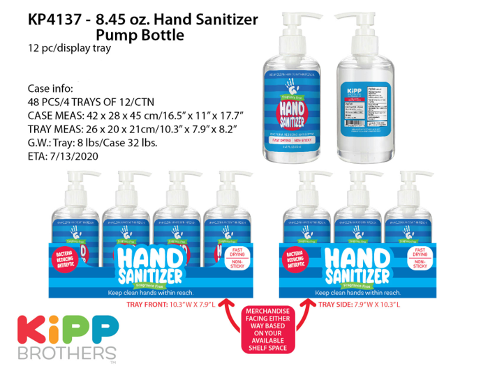 ITEM NUMBER KP4137 8.45OZ HAND SANITIZER W/PUMP 12 PIECES PER DISPLAY