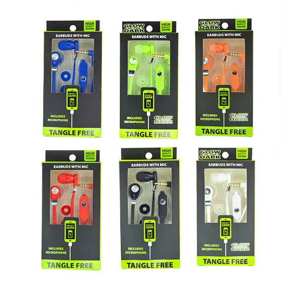 Wired Earbuds Glow in The Dark with Microphone - 6 Pieces Per Retail Ready Display 88082 GADGET GEAR