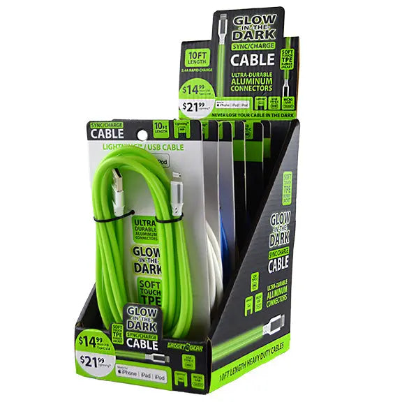 Charging Cable Glow in The Dark Assortment 10FT - 6 Pieces Per Retail Ready Display 88323 GADGET GEAR