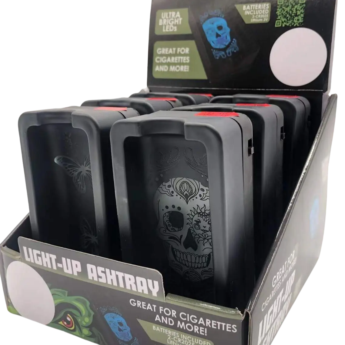 Black Glass Ashtray with LED Light-Up Design - 6 Pieces Per Retail Ready Display 23104 SMOKEZILLA