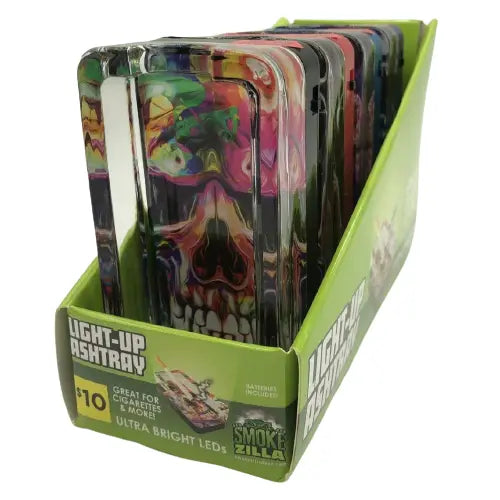 Glass Ashtray with LED Light Up Design- 4 Per Retail Ready Wholesale Display 41464 SMOKEZILLA
