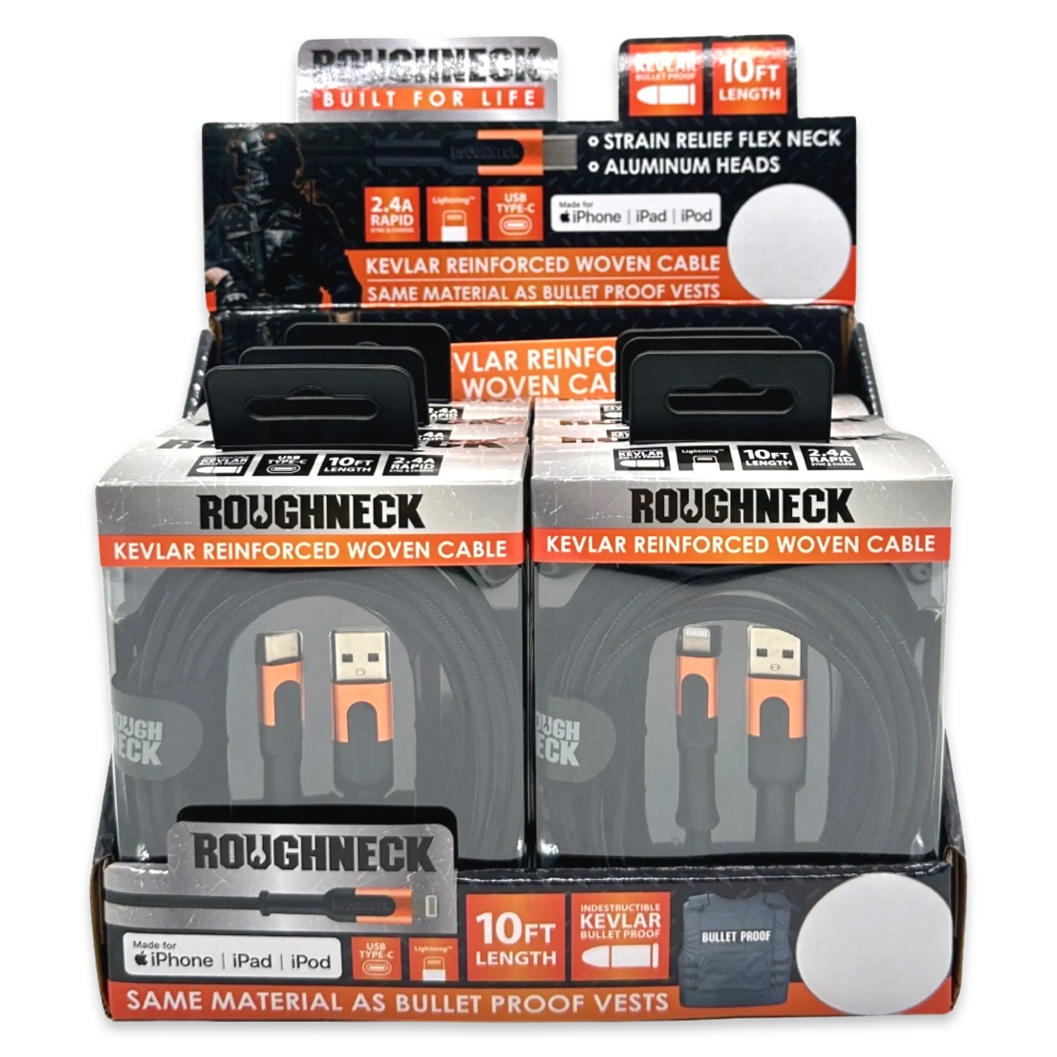Charging Cable Roughneck Cloth Assortment 10FT 2.4 Amp - 6 Pieces Per Retail Ready Display 88460 ROUGHNECK