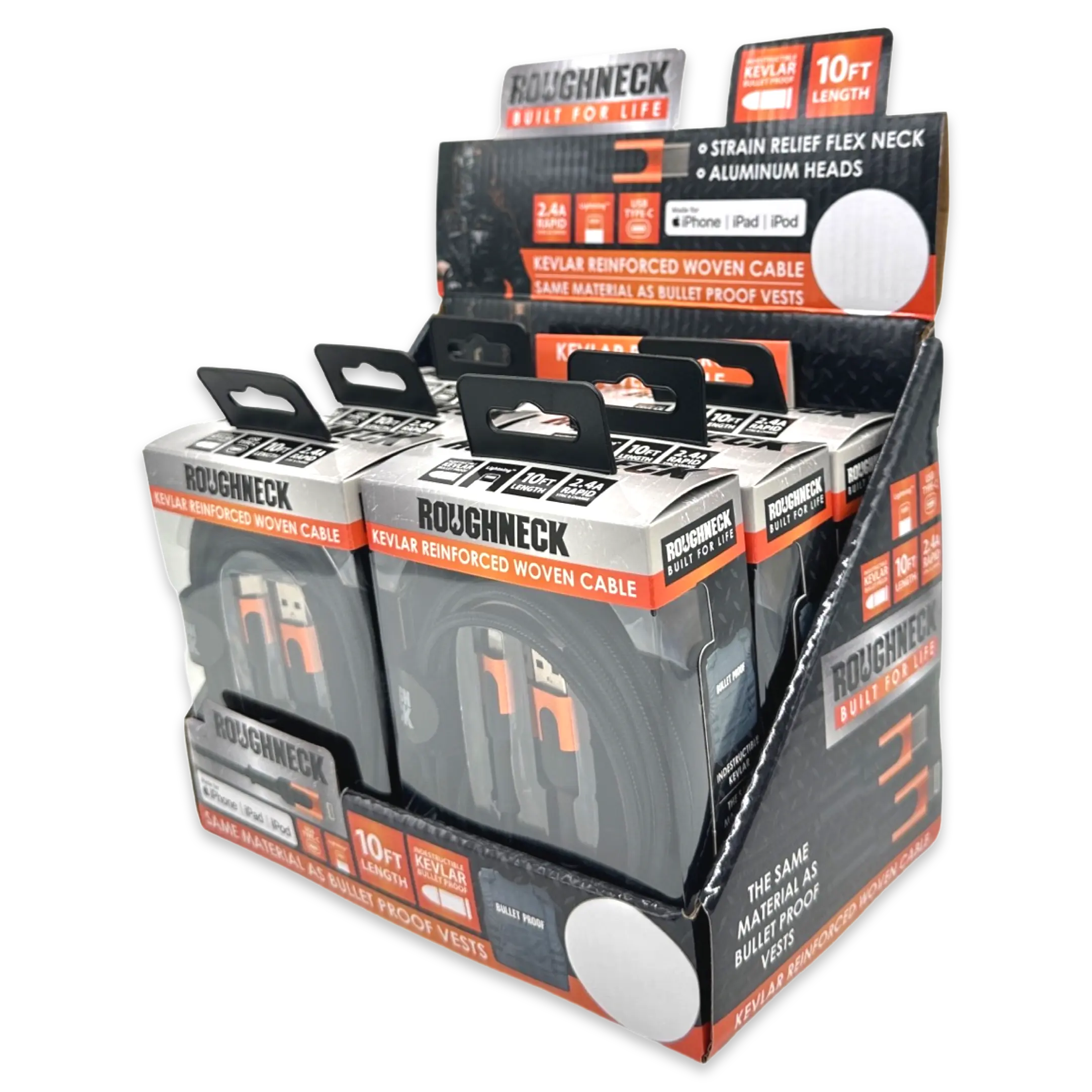 Charging Cable Roughneck Cloth Assortment 10FT 2.4 Amp - 6 Pieces Per Retail Ready Display 88460 ROUGHNECK