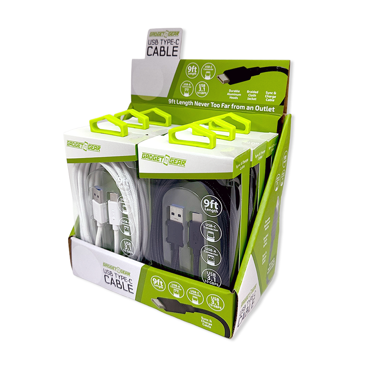Charging Cable USB-A-to-USB-C 9FT - 6 Pieces Per Retail Ready Display 26183 GADGET GEAR