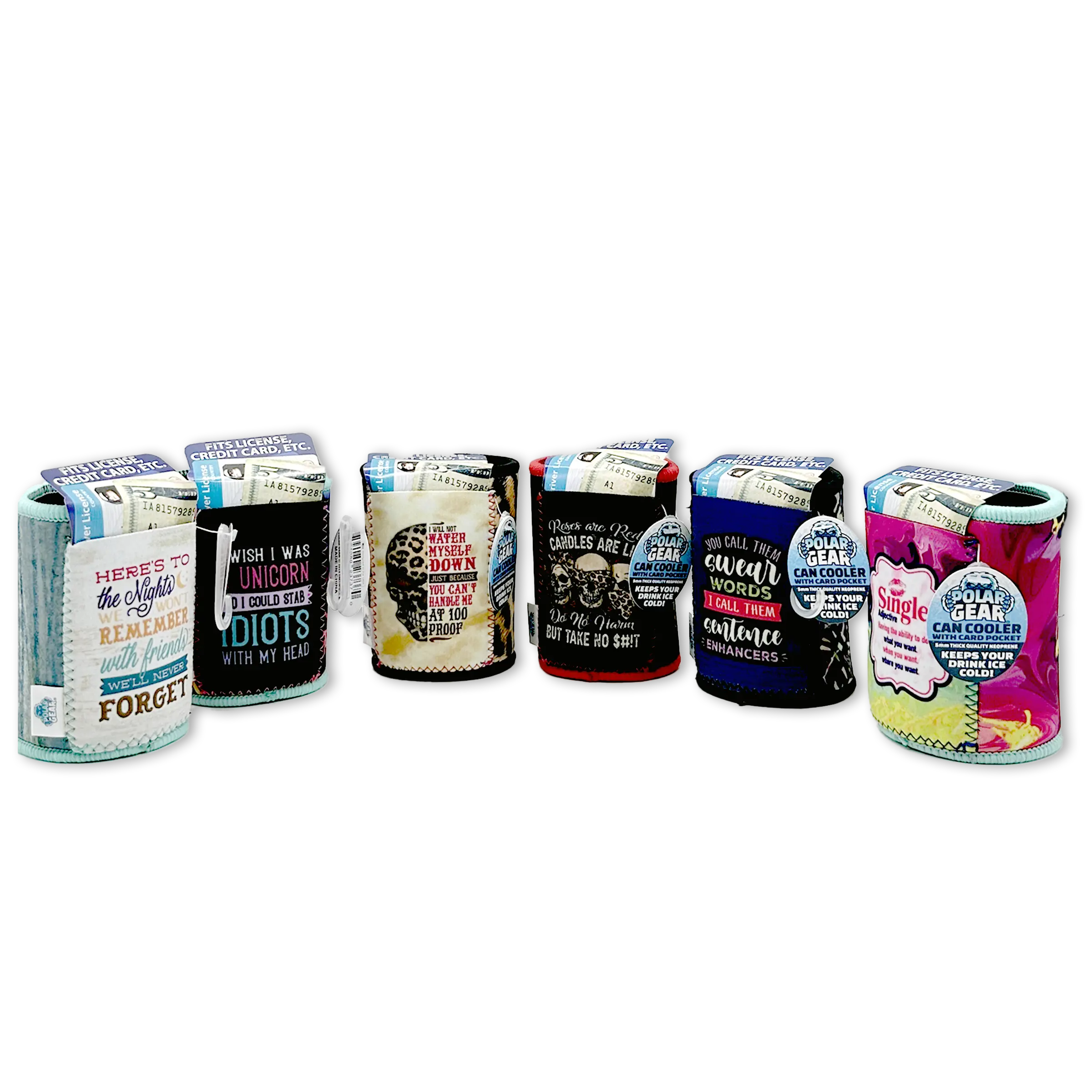 Neoprene Can and Bottle Cooler with Card Pocket - 6 Pieces Per Retail Ready Display 23737 POLAR GEAR