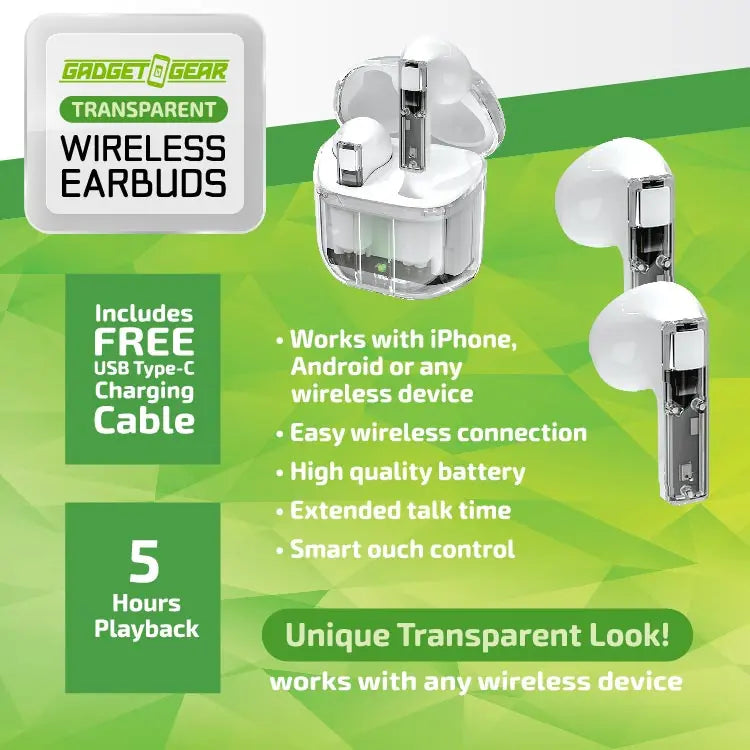 Wireless Earbuds with Transparent Case - 6 Pieces Per Retail Ready Display 23866 GADGET GEAR