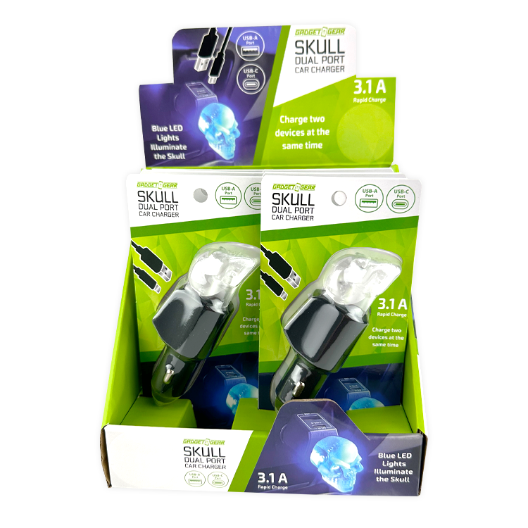 Car Charger Dual Port USB / USB-C LED Skull 3.1 Amp - 6 Pieces Per Retail Ready Display 24001 GADGET GEAR