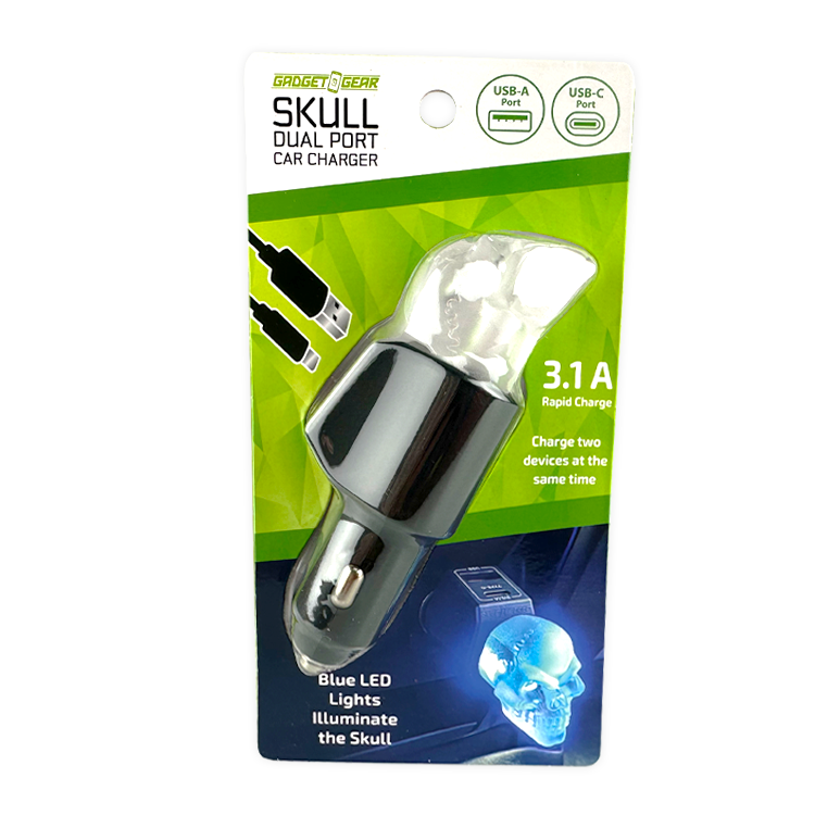 Car Charger Dual Port USB / USB-C LED Skull 3.1 Amp - 6 Pieces Per Retail Ready Display 24001 GADGET GEAR