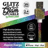 Charging Cable  3FT 2.4Amp Glitz N Glam Assortment - 6 Pieces Per Retail Ready Display 24130