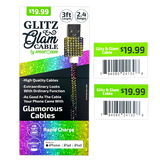 Charging Cable  3FT 2.4Amp Glitz N Glam Assortment - 6 Pieces Per Retail Ready Display 24130