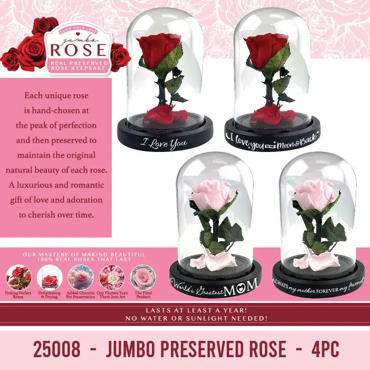 Glass Dome Real Preserved Rose Keepsake - 4 Pieces Per Retail Ready Display 25008 NOVELTY INC