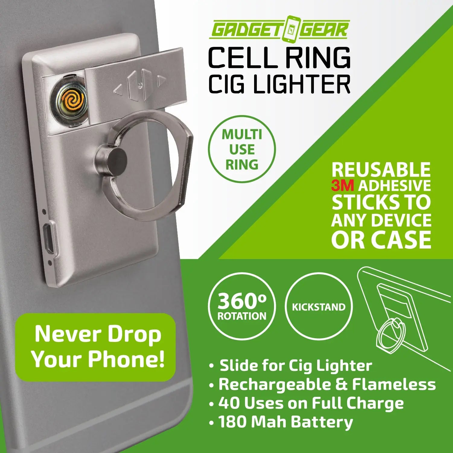 Cell Phone Ring Attachment with USB Coil Lighter - 6 Pieces Per Retail Ready Display 25071 GADGET GEAR