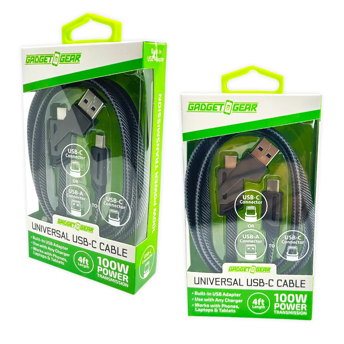 Charging Cable Multi-Head USB-C to USB-C with USB Adapter 4FT 100 Watts - 6 Pieces Per Retail Ready Display 25080 GADGET GEAR