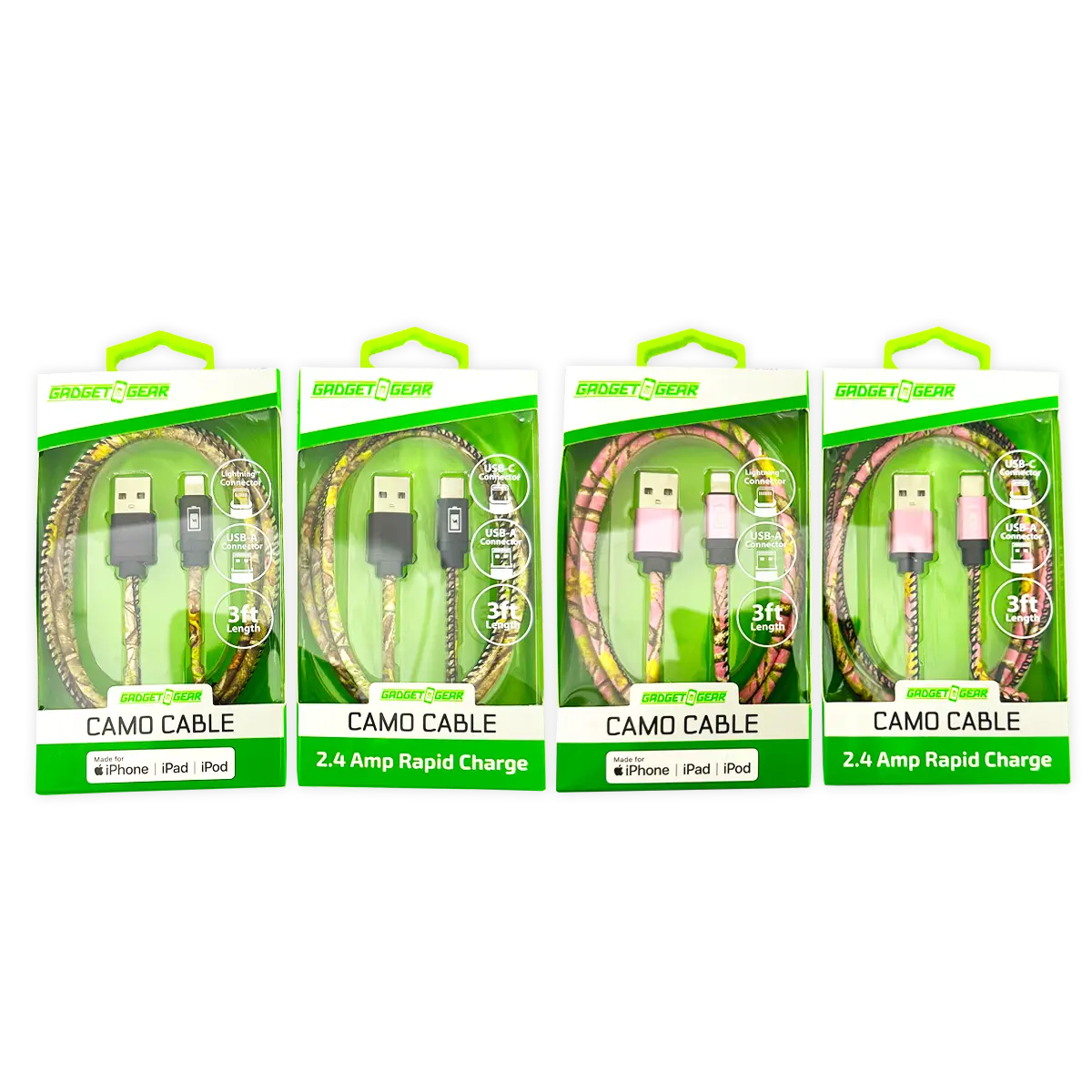 Charging Cable Camo Assortment 3FT - 12 Pieces Per Retail Ready Display 25112 GADGET GEAR