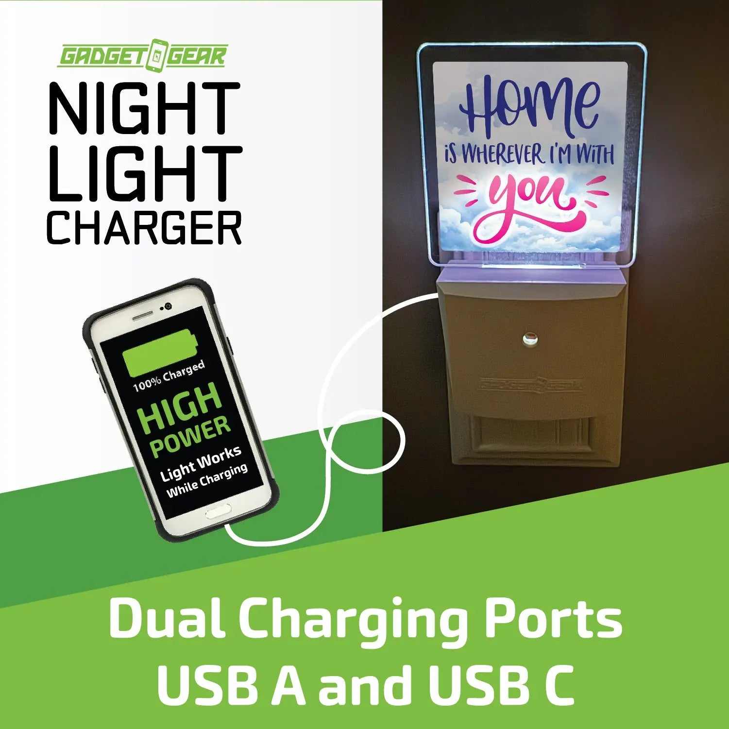 Night Light USB / USB-C Dual Port AC Wall Charger - 6 Pieces Per Retail Ready Display 25132 GADGET GEAR