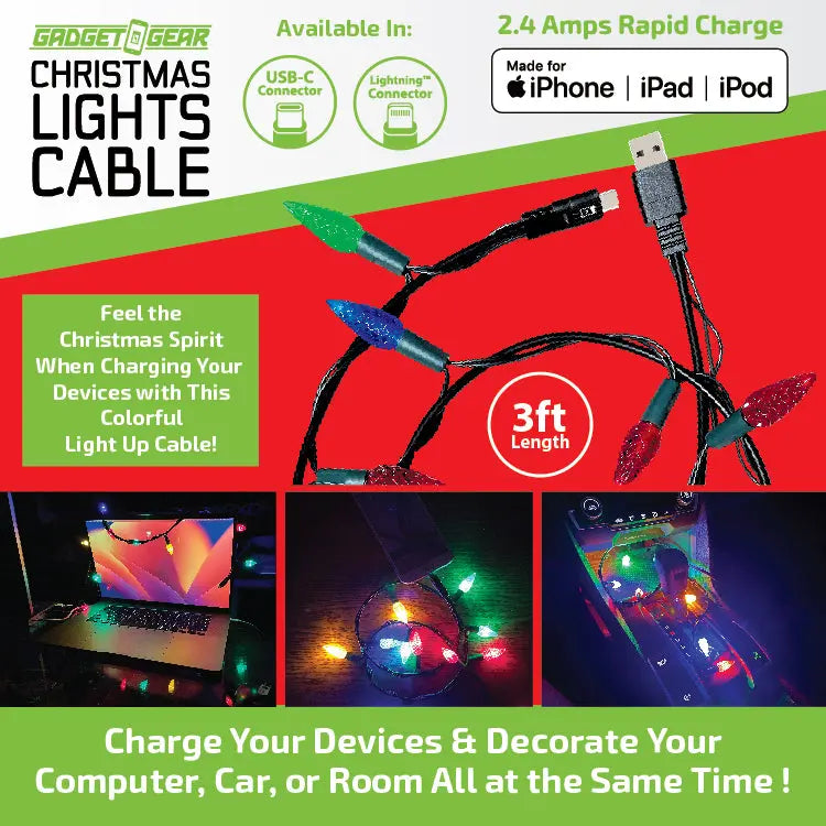 Christmas Light 3FT USB-to-Lightning / USB-C Sync and Charge Cables - 6 Pieces Per Display 25327 NOVELTY INC