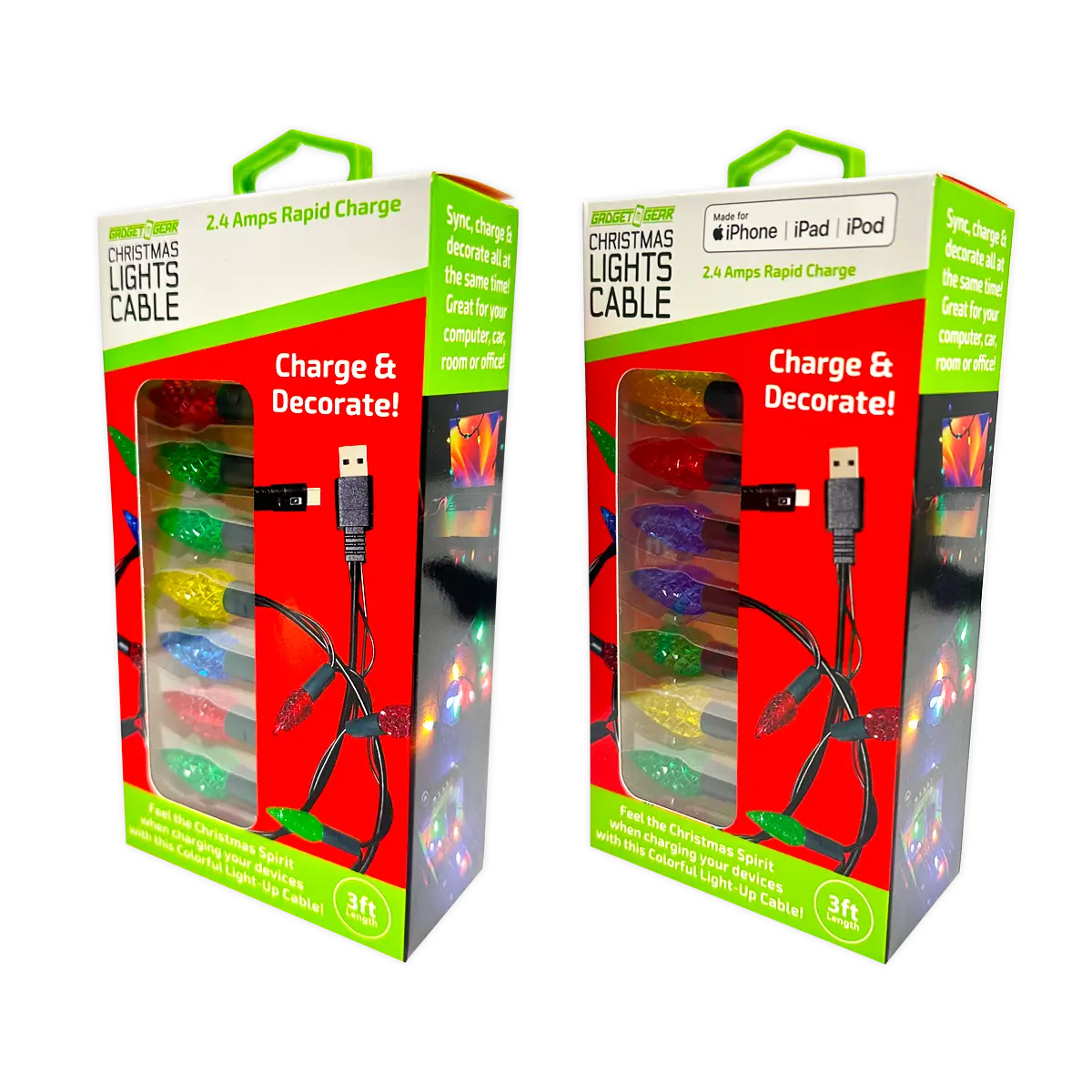 Christmas Light 3FT USB-to-Lightning / USB-C Sync and Charge Cables - 6 Pieces Per Display 25327 NOVELTY INC