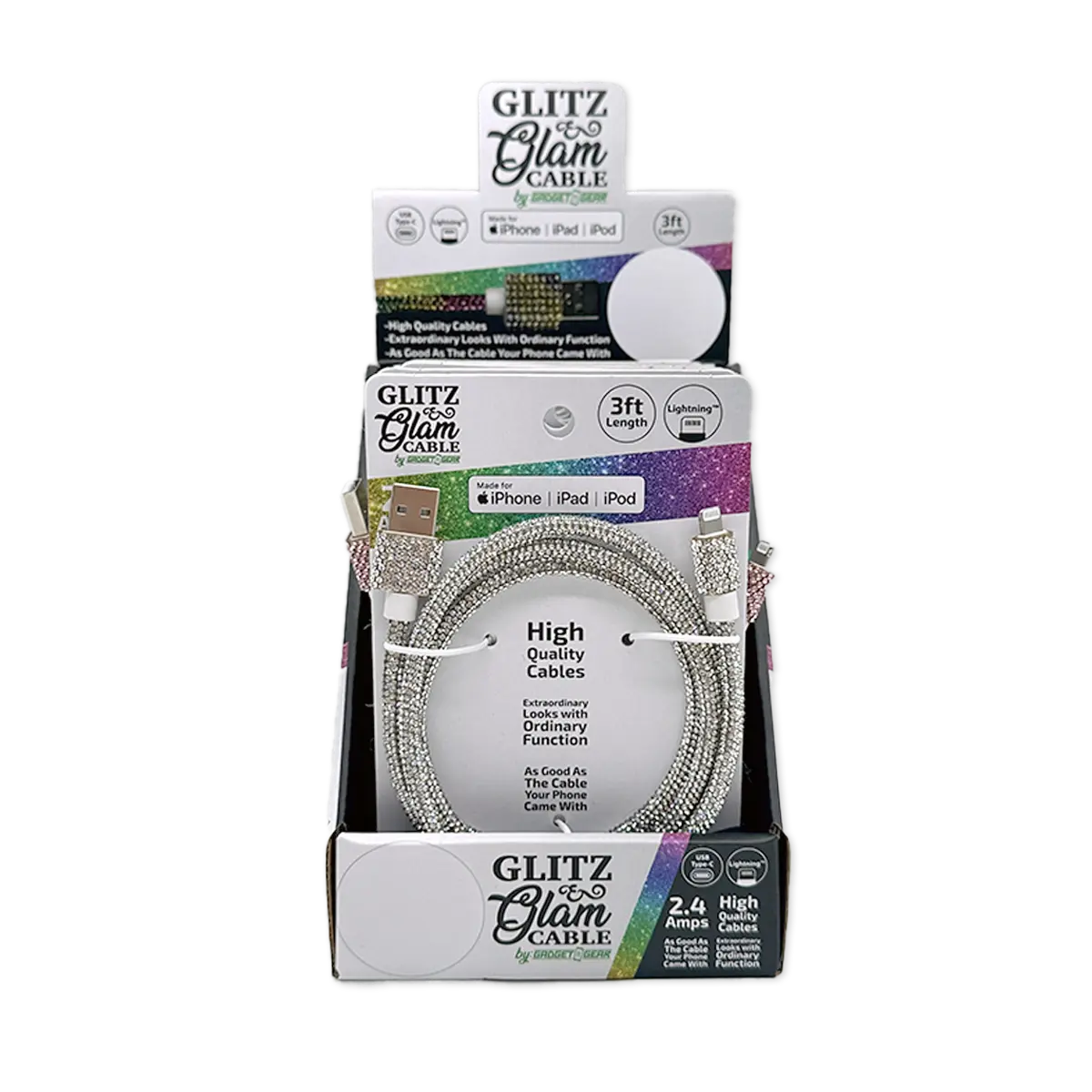 Charging Cable 3FT 2.4Amp USB-to-USB-C / Lightning Glitz N Glam Assortment - 6 Pieces Per Retail Ready Display 25948 GADGET GEAR