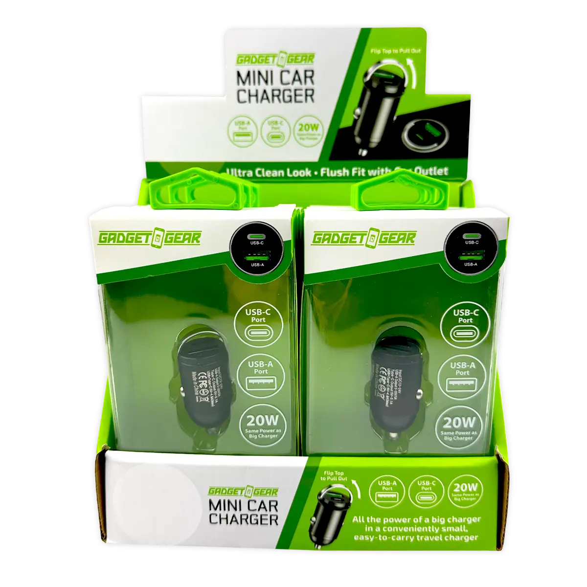Mini Car Charger DC Dual Port USB / USB-C 20 Watts - 6 Pieces Per Retail Ready Display 25751 GADGET GEAR