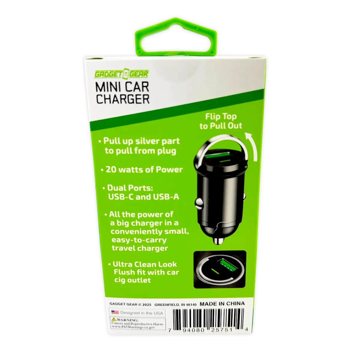 Mini Car Charger DC Dual Port USB / USB-C 20 Watts - 6 Pieces Per Retail Ready Display 25751 GADGET GEAR