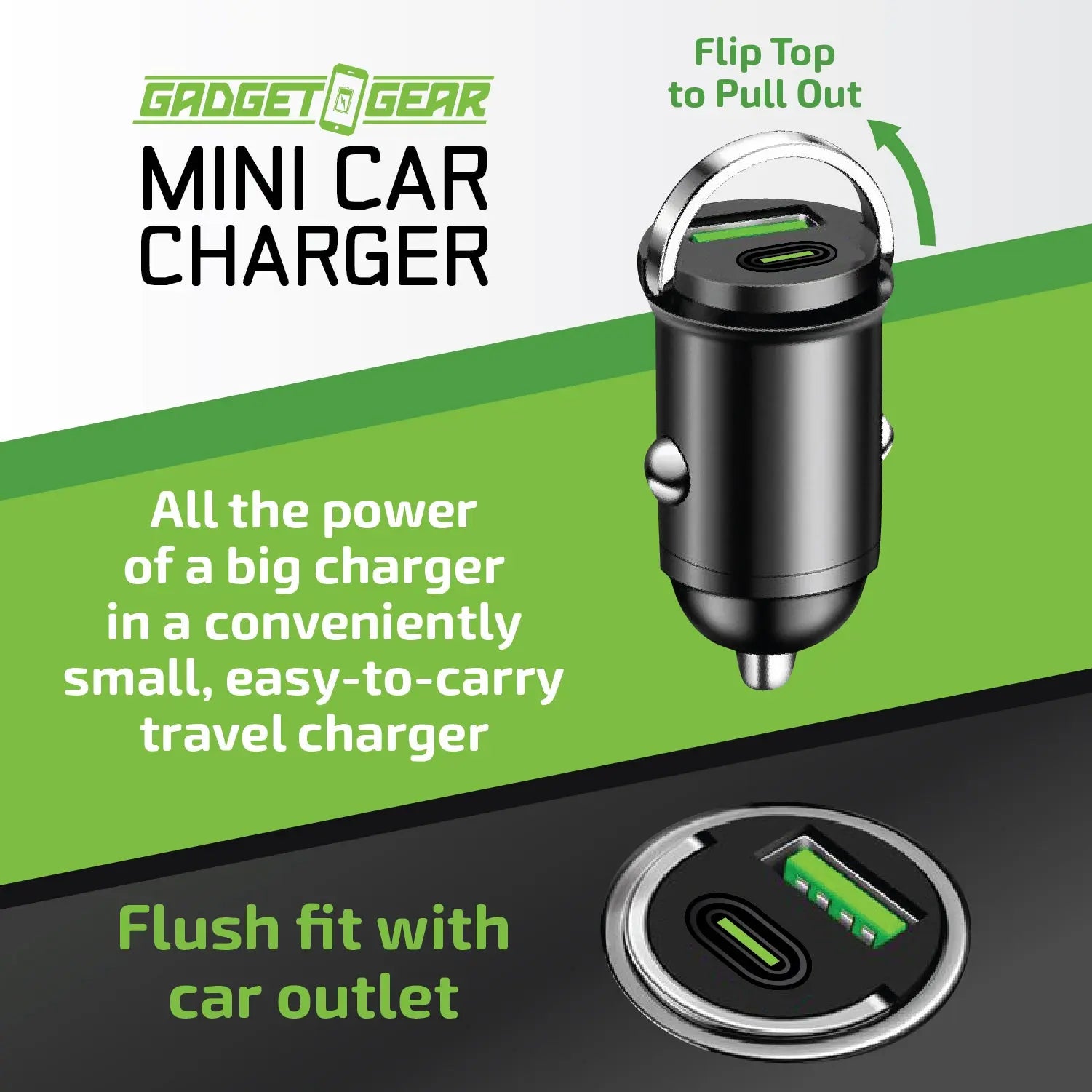 Mini Car Charger DC Dual Port USB / USB-C 20 Watts - 6 Pieces Per Retail Ready Display 25751 GADGET GEAR