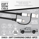 Charging Cable Quick Switch 2 in 1 Multi-Head USB to USB-C 20FT 100W - 6 Pieces Per Retail Ready Display 25823