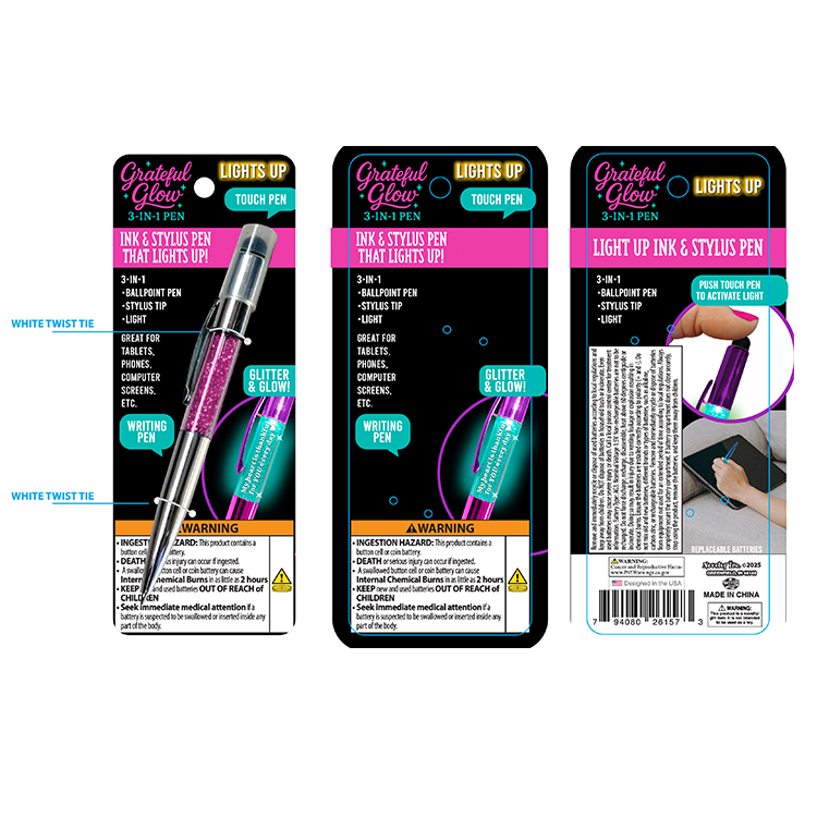 Grateful Glow 3-In-1 Light-Up Glitter Pen Stylus - 6 Pieces Per Retail Ready Display 26157 NOVELTY INC