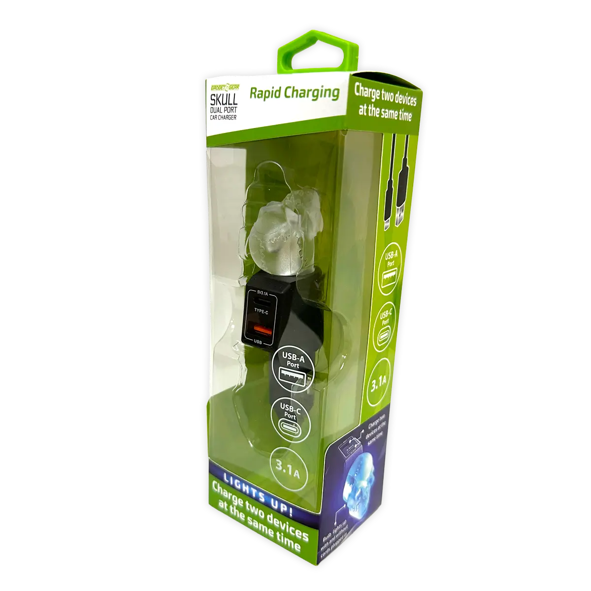 Car Charger Dual Port USB / USB-C LED Skull 3.1 Amp - 3 Pieces Per Pack 41785 GADGET GEAR