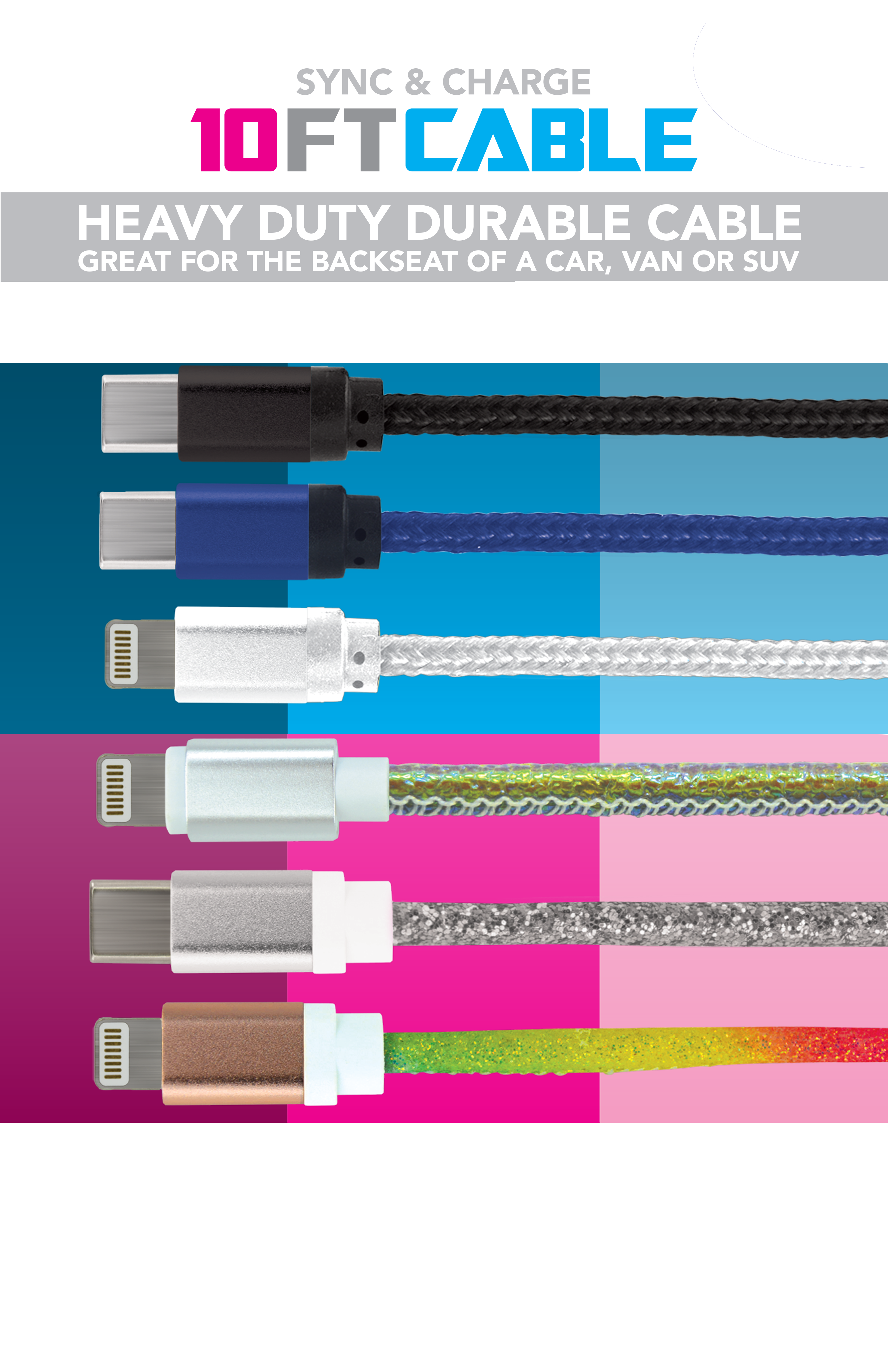 10FT Braided Sync and Charge Cable Assortment Wing Rack Display - 38 Pieces Per Retail Ready Display Kit 88336 GADGET GEAR