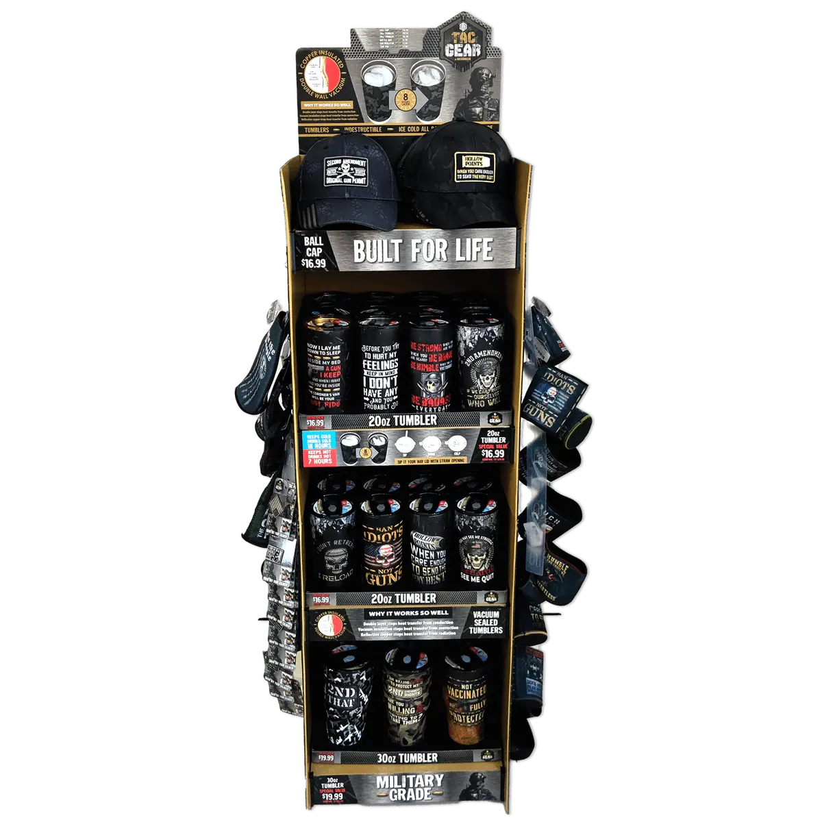 Patriotic Tac Gear Hat and Insulated Cup Assortment Floor Display - 72 Pieces Per Retail Ready Display 88448 - NOVELTY INC WHOLESALE
