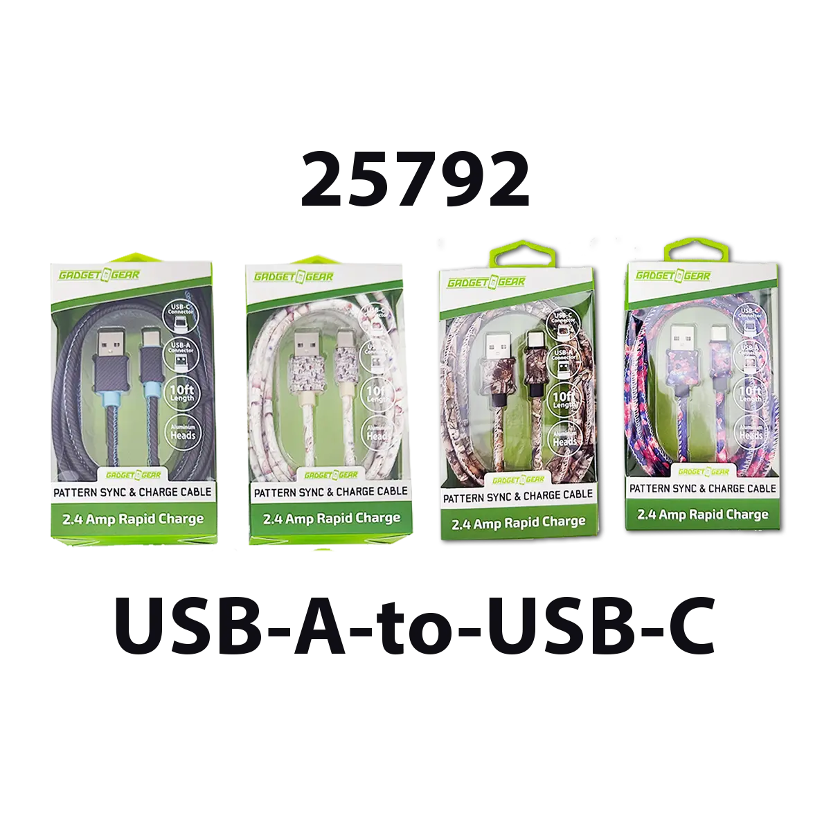 USB-C / USB-A Charging Cable Assortment 10FT 20 Watts - 6 Pieces Per Retail Ready Display 88602 GADGET GEAR