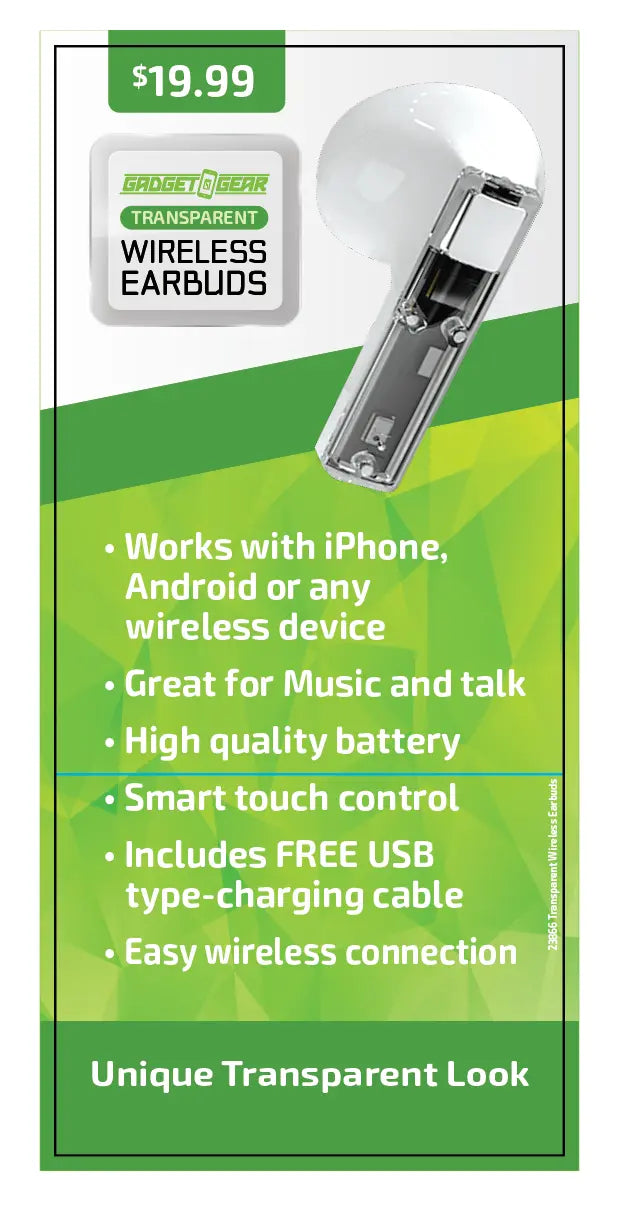 Wireless Earbuds with Transparent Case - 6 Pieces Per Retail Ready Display 23866 GADGET GEAR