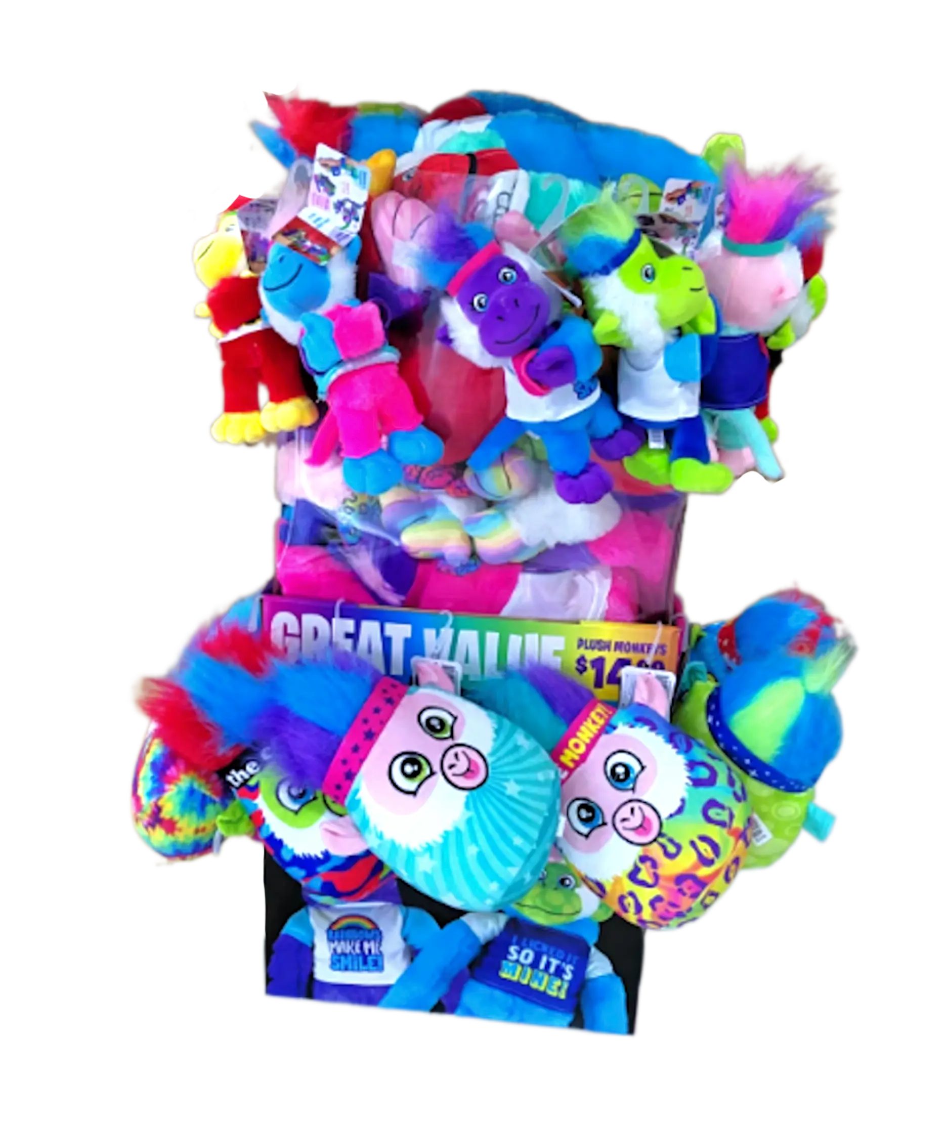 Plush Mohawk Monkey Assorted Floor Display - 30 Pieces Per Retail Ready Display 88398 KIPP BROTHERS