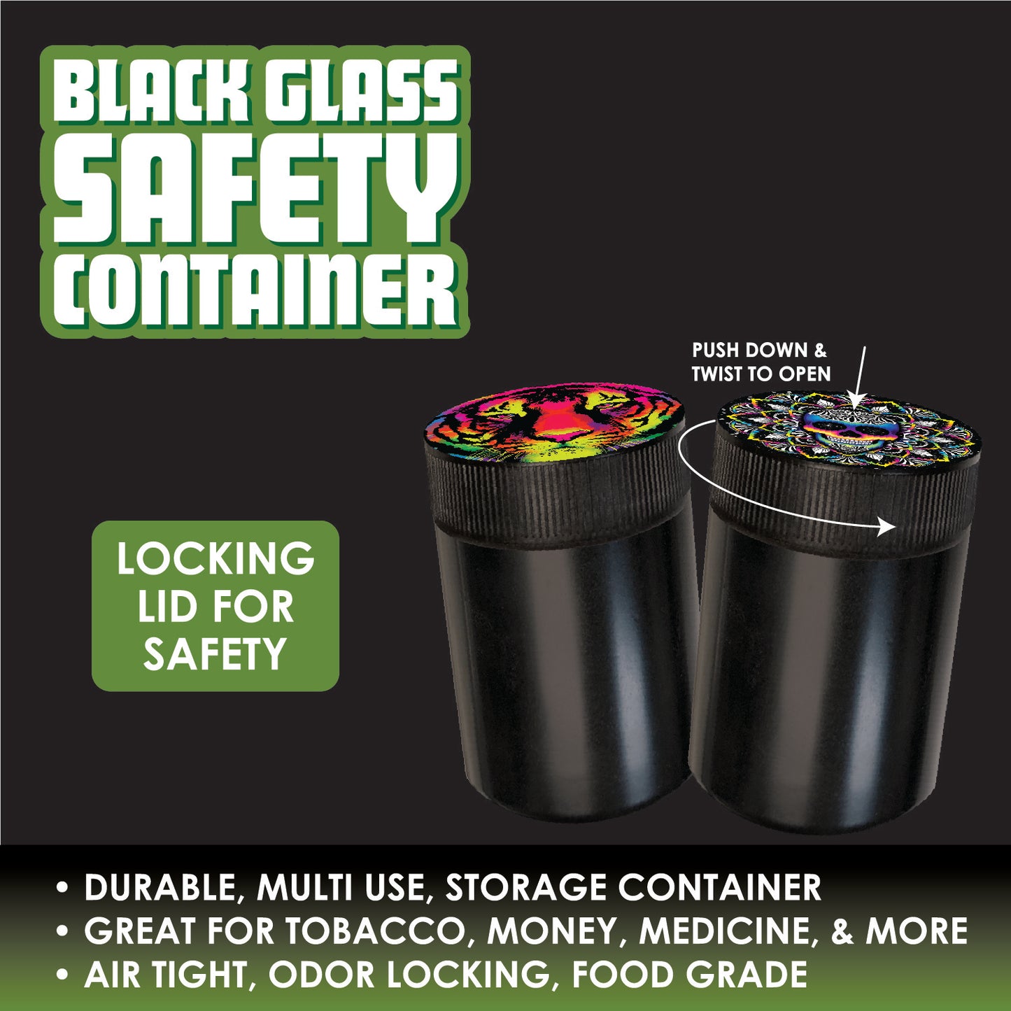 ITEM NUMBER 021722 BLACK GLASS SAFETY JAR B 6 PIECES PER DISPLAY
