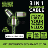 Charging Cable USB 3 in 1 Multi-Head USB-C / Micro USB / Lightning 10FT - 6 Pieces Per Retail Ready Display 22424