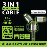 Charging Cable USB 3 in 1 Multi-Head USB-C / Micro USB / Lightning 10FT - 6 Pieces Per Retail Ready Display 23006