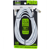 Charging Cable USB 3 in 1 Multi-Head USB-C / Micro USB / Lightning 10FT - 6 Pieces Per Retail Ready Display 23006