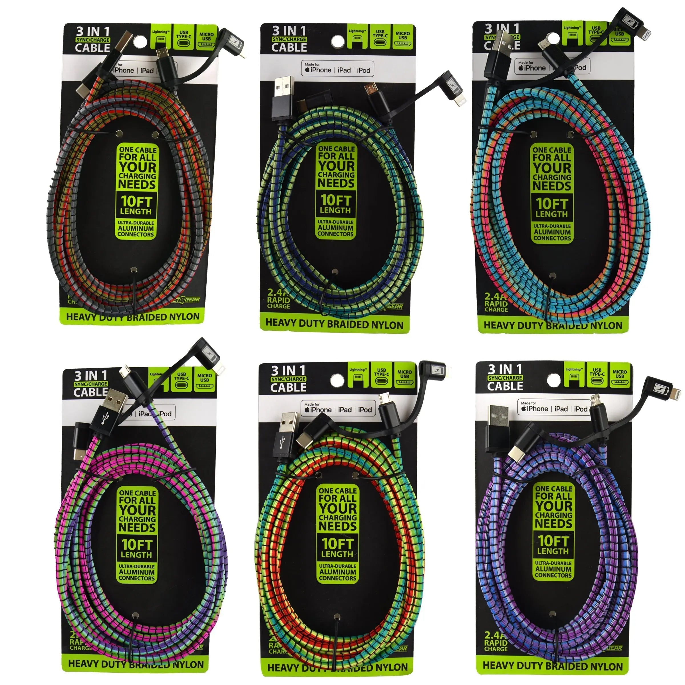 Charging Cable USB 3 in 1 Multi-Head USB-C / Micro USB / Lightning 10FT - 6 Pieces Per Retail Ready Display 23100B GADGET GEAR