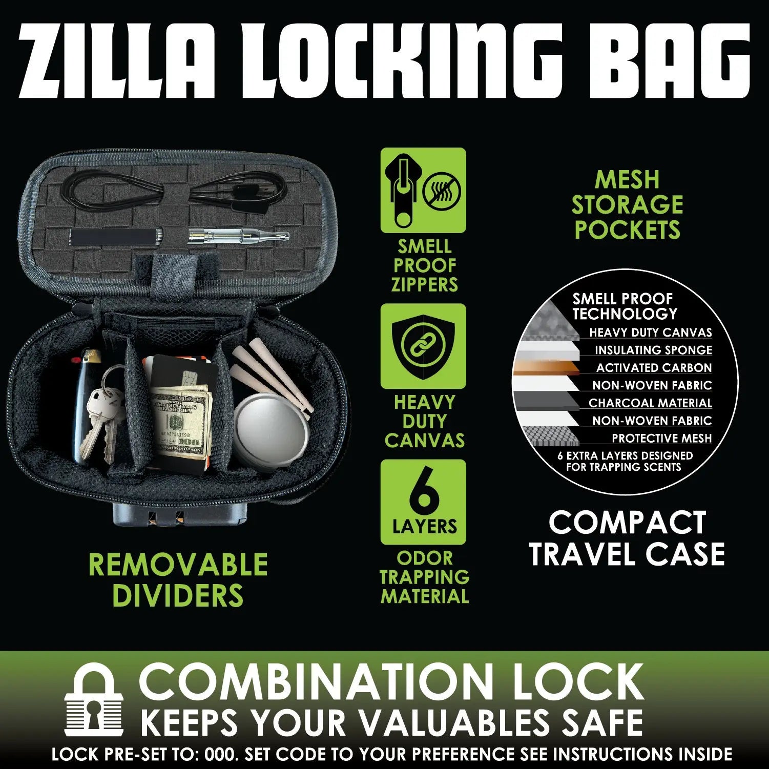 Smell Proof Small Canvas Lock Bag with Tool Organizer - 6 Pieces Per Retail Ready Display 23114 SMOKEZILLA