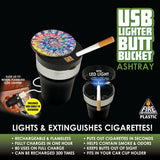 Printed Lid Butt Bucket Ashtray with USB Coil Lighter and LED Light - 6 Pieces Per Retail Ready Display 23181