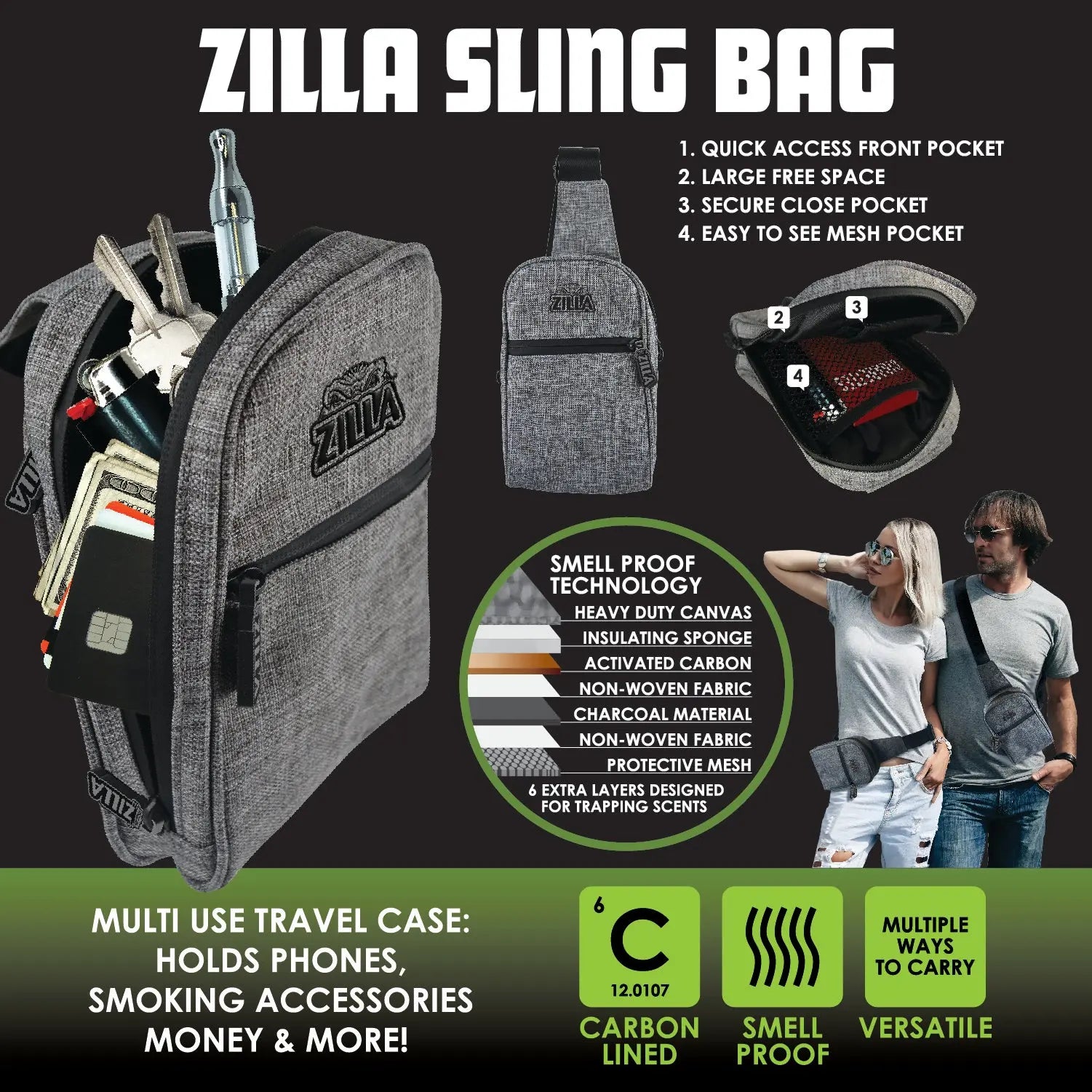 Smell Proof Canvas Crossbody Sling Bag - 4 Pieces Per Retail Ready Display 23238 SMOKEZILLA