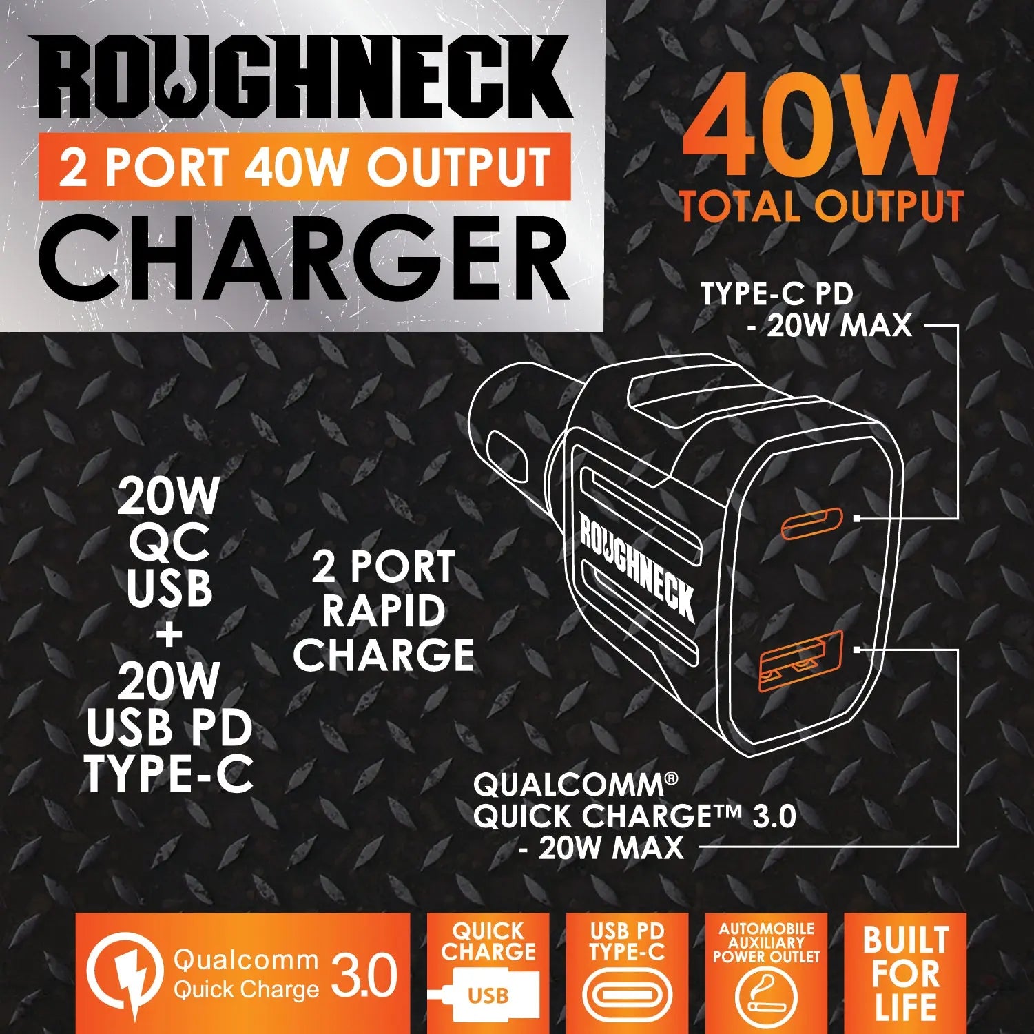 Car Charger Dual Port USB / USB-C 40 Watts - 6 Pieces Per Retail Ready Display 23247 ROUGHNECK