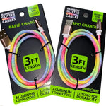 Charging Cable Rainbow Glitter USB to Micro USB 3FT - 20 Pieces Per Pack 23608MN GADGET GEAR