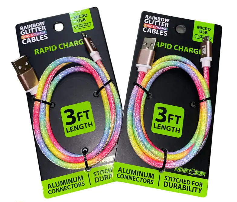 Charging Cable Rainbow Glitter USB to Micro USB 3FT - 20 Pieces Per Pack 23608MN GADGET GEAR