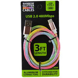 Charging Cable Rainbow Glitter USB to USB-C 3FT 2 Amp - 20 Pieces Per Pack 23609MN GADGET GEAR