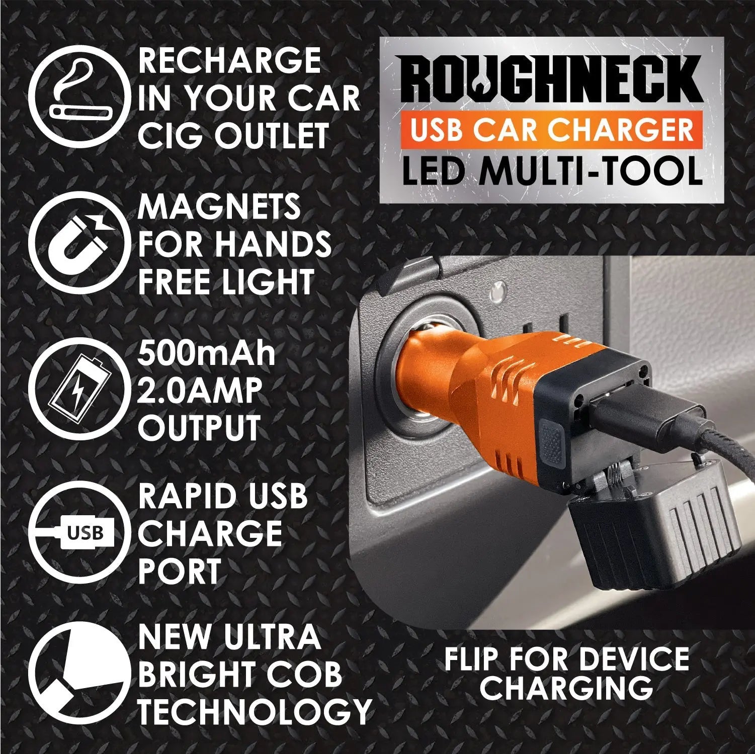Car Charger  DC Dual Port USB / USB-C with Flashlight - 6 Pieces Per Retail Ready Display 23693 ROUGHNECK