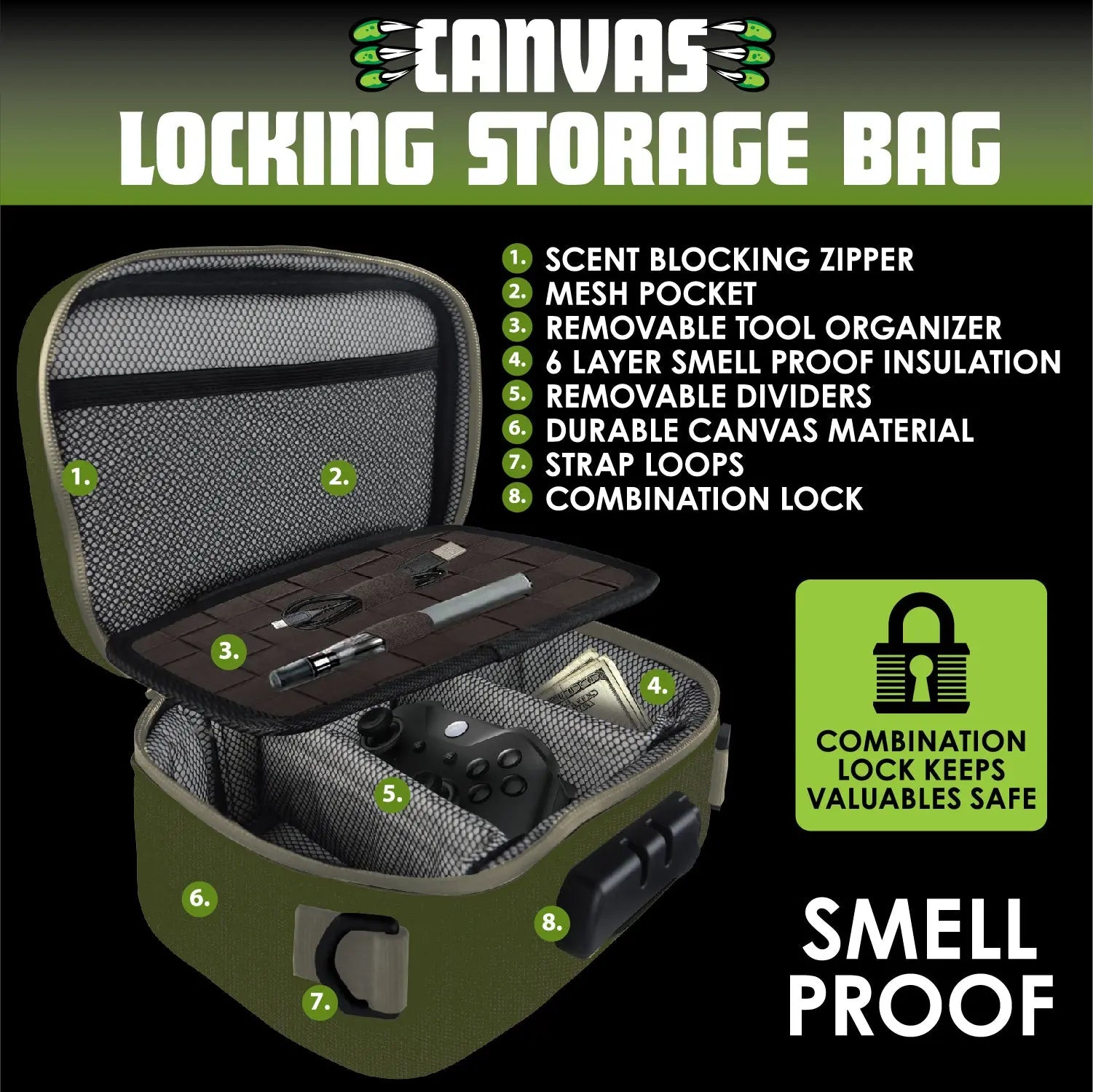 Smell Proof Canvas Printed Lock Bag with Tool Organizer - 4 Pieces Per Retail Ready Display 23720 SMOKEZILLA