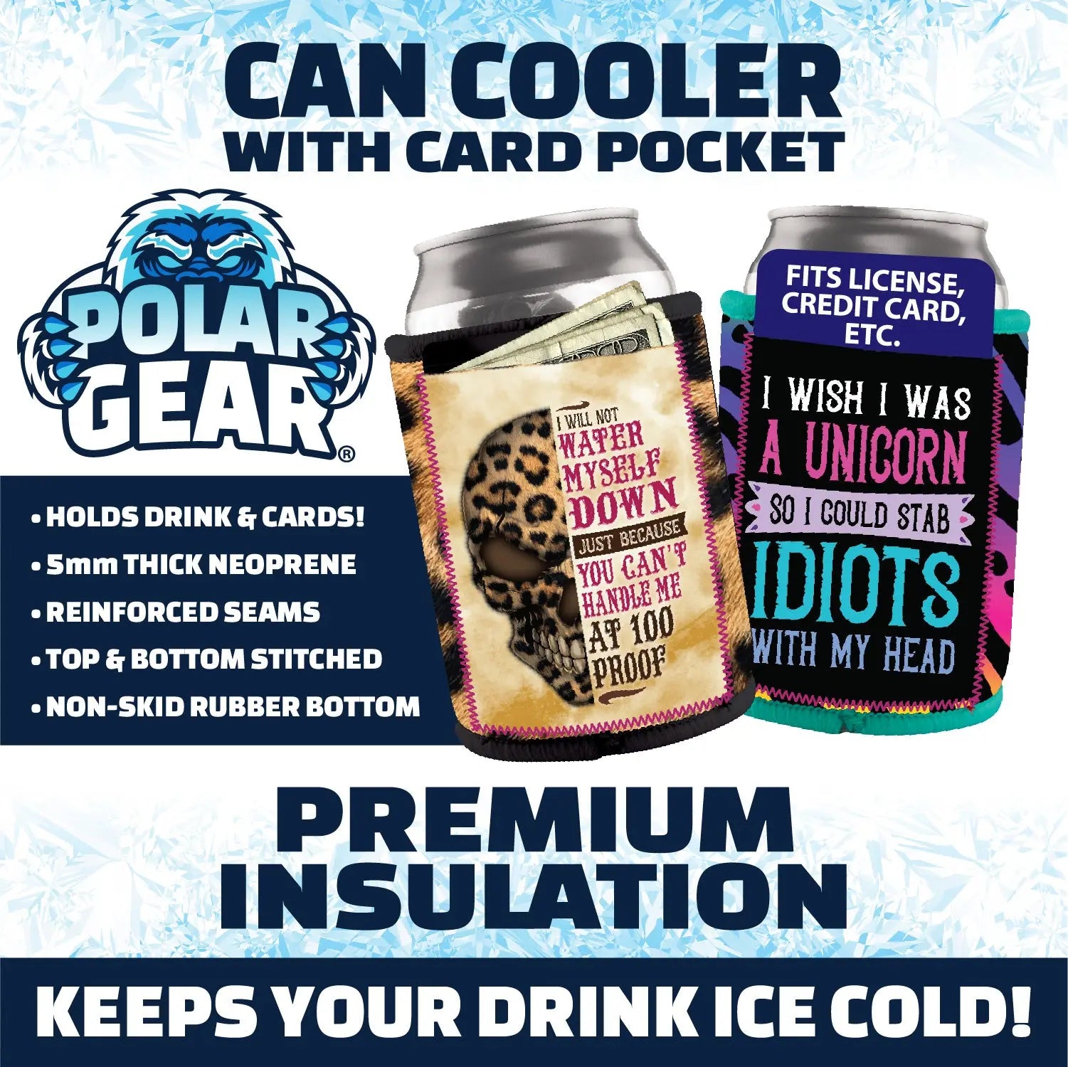 Neoprene Can and Bottle Cooler with Card Pocket - 6 Pieces Per Retail Ready Display 23737 POLAR GEAR