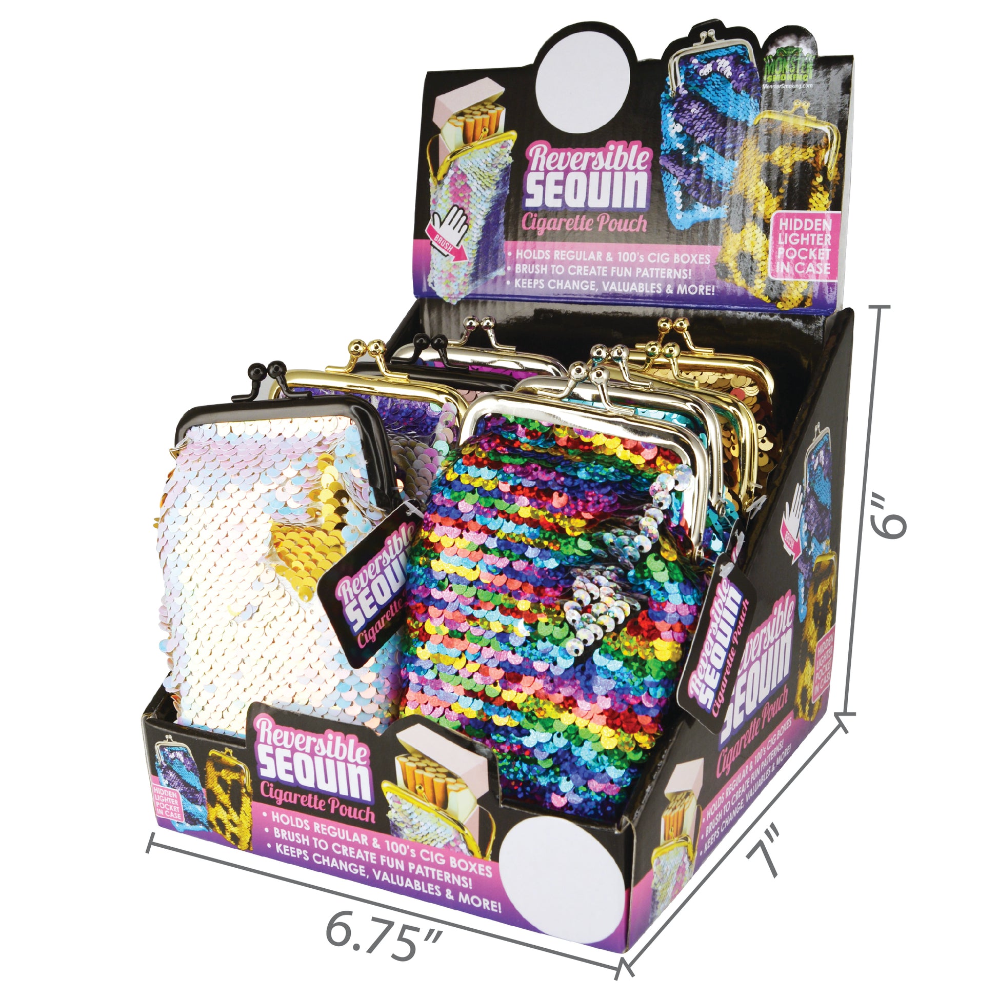 Reversible Sequin Cigarette Pouch Display Specs